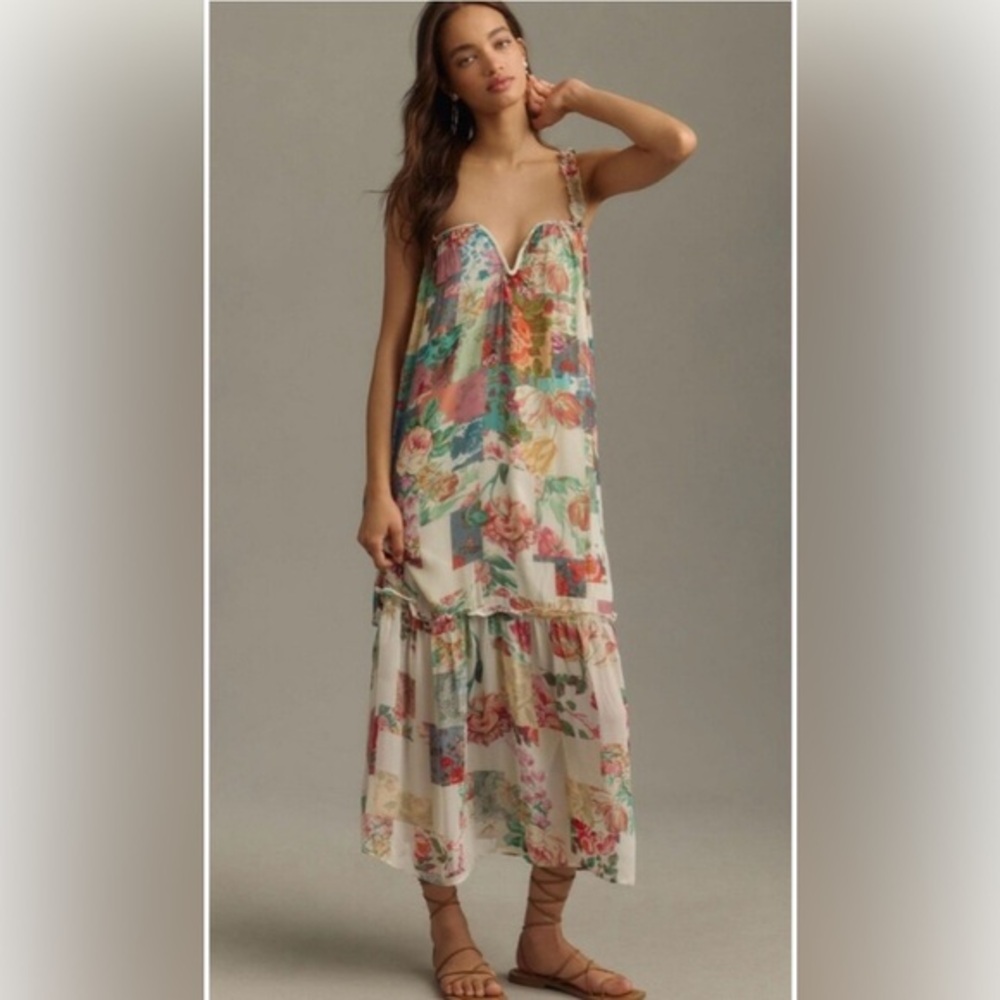Tiered Floral Midi Dress in Ivory Multi
